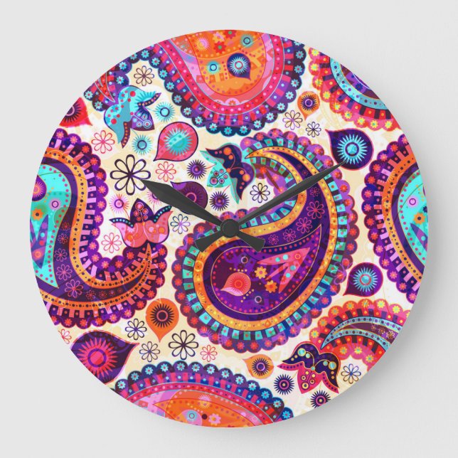 Paisley Blommigt Indian Seamless Ornament Stor Klocka (Framsida)