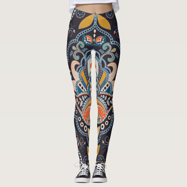 Paisley Blommigt: Mörk Indiska Mönster Leggings (Framsida)
