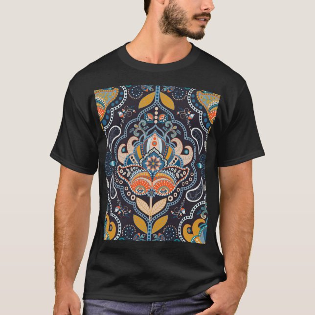 Paisley Blommigt: Mörk Indiska Mönster T Shirt (Framsida)