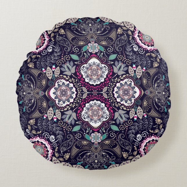 Paisley blommönster rund kudde (Framsidan)