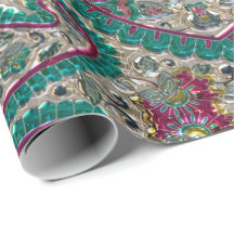 Paisley blommönster teal silver rosa bohemian