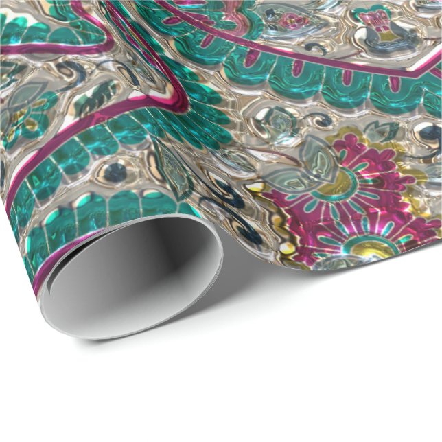 Paisley blommönster teal silver rosa bohemian presentpapper (Rullad Hörn)
