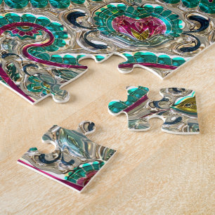 Paisley blommönster teal silver rosa bohemian pussel