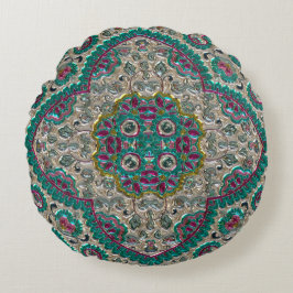 Paisley blommönster teal silver rosa bohemian rund kudde