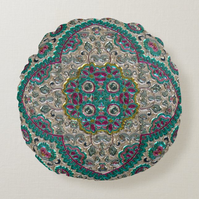 Paisley blommönster teal silver rosa bohemian rund kudde (Framsidan)