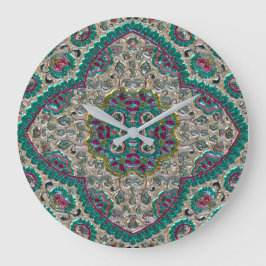 Paisley blommönster teal silver rosa bohemian stor klocka