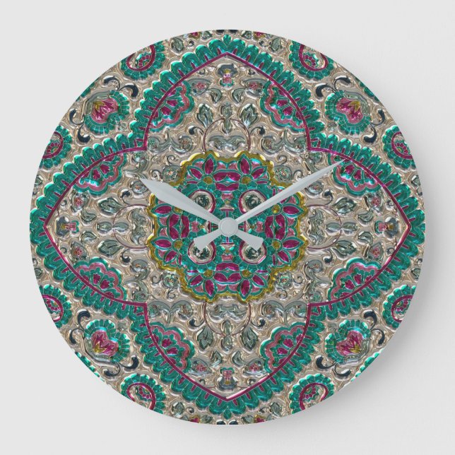 Paisley blommönster teal silver rosa bohemian stor klocka (Framsida)