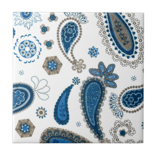 Paisley Blue white Bohemian Mönster Kakelplatta