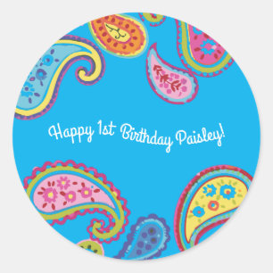Paisley Cute Colorful 1:a födelsedagen Party Runt Klistermärke