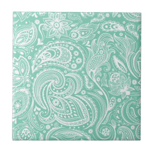 Paisley Damasks-Blommigtar för vit och halvGrönt-V Kakelplatta