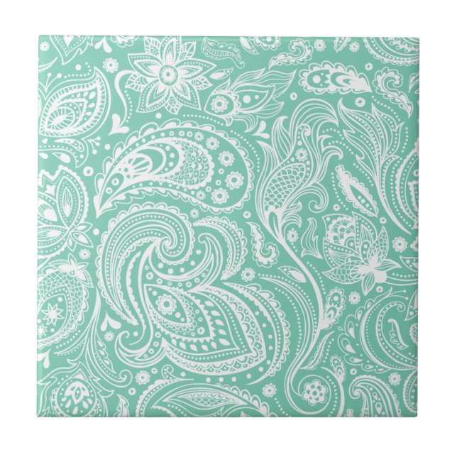Paisley Damasks-Blommigtar för vit och halvGrönt-V Kakelplatta (Framsidan)