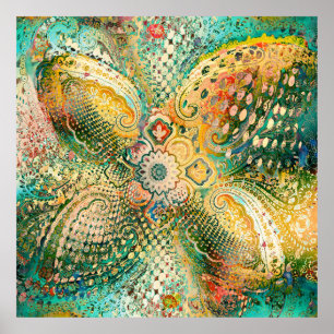 Paisley-design i livfulla gula och gröna nyanser poster