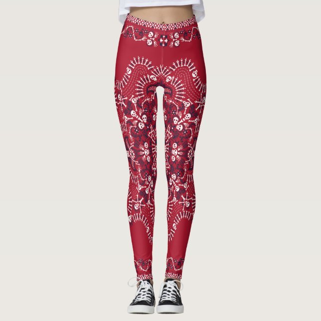 Paisley, döskallar, bandana, fyrkantig design. leggings (Framsida)