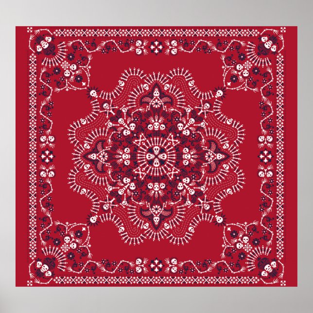 Paisley, döskallar, bandana, fyrkantig design. poster (Framsidan)