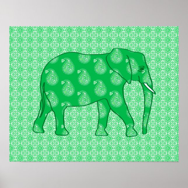 Paisley-elefant - grönt och vit jade poster (Framsidan)