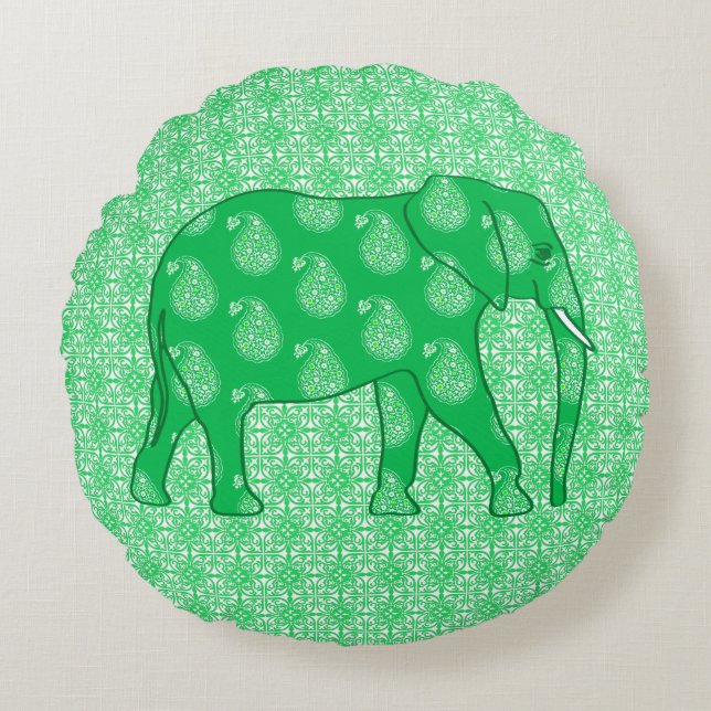 Paisley-elefant - grönt och vit jade rund kudde (Framsidan)