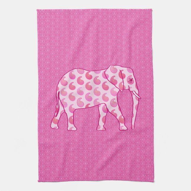 Paisley elefant - isrosa och fuchsia kökshandduk (Vertikal)