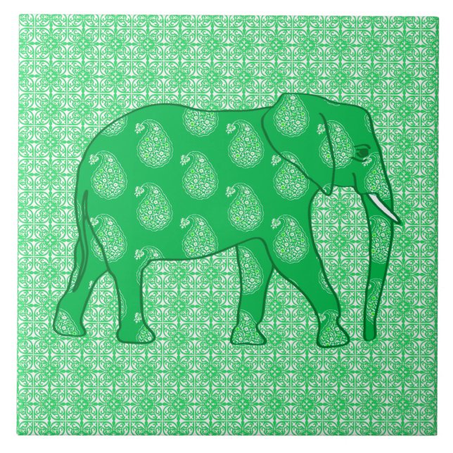Paisley elefant - jade grön och vit kakelplatta (Framsidan)