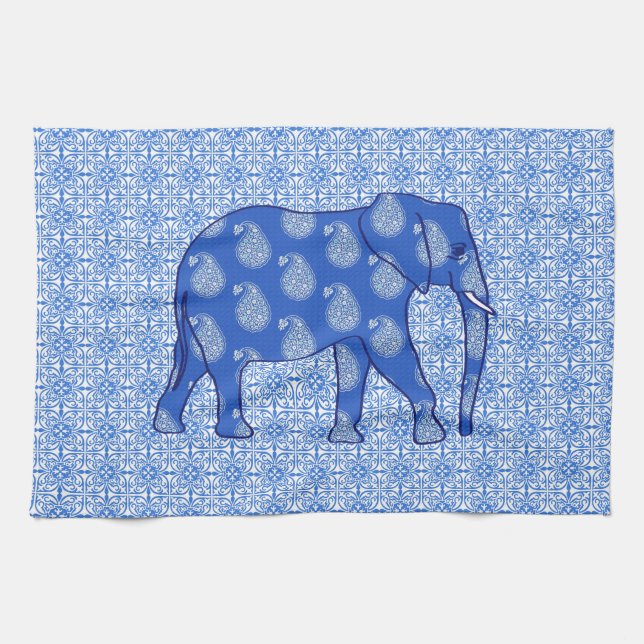 Paisley elefant - koboltblå och vit kökshandduk (Horisontell)