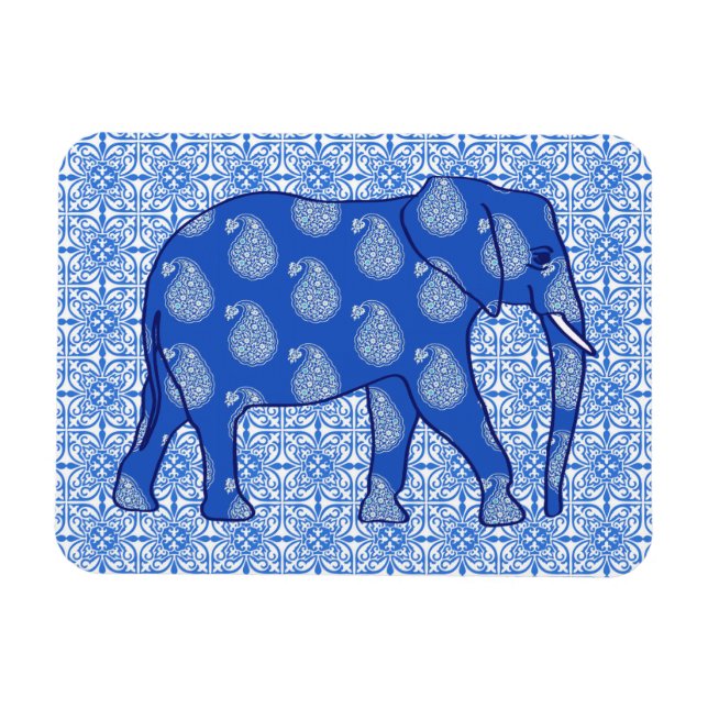 Paisley elefant - koboltblå och vit magnet (Horisontell)