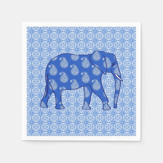 Paisley elefant - koboltblå och vit pappersservett (Framsidan)