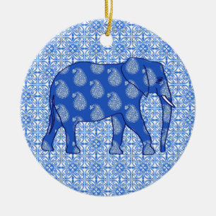Paisley elefant - koboltblått och vit julgransprydnad keramik
