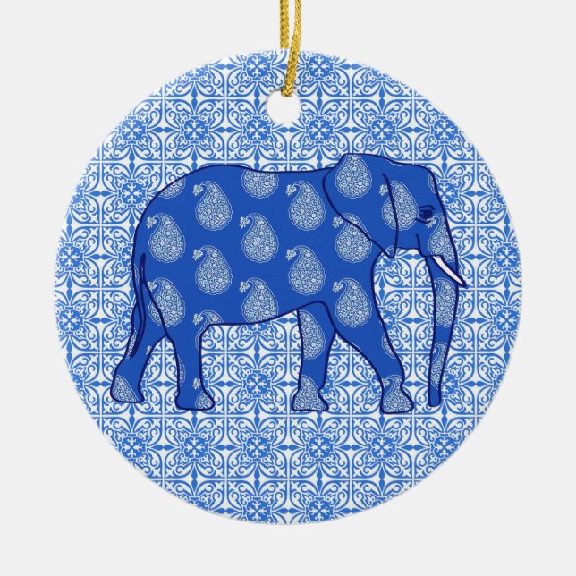Paisley elefant - koboltblått och vit julgransprydnad keramik (Framsidan)