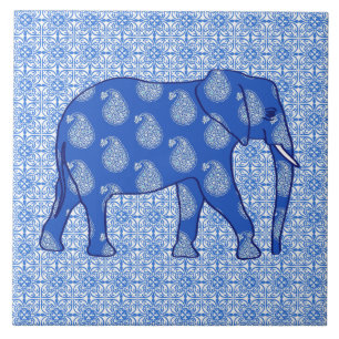 Paisley elefant - koboltblått och vit kakelplatta
