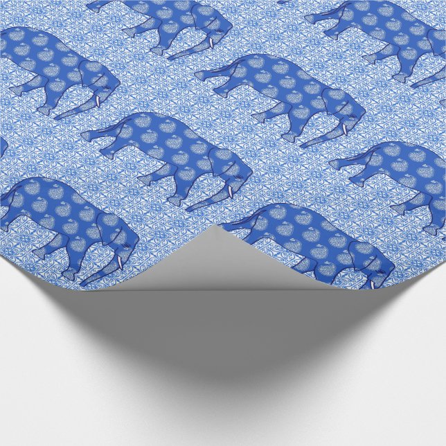 Paisley elefant - koboltblått och vit presentpapper (Hörn)
