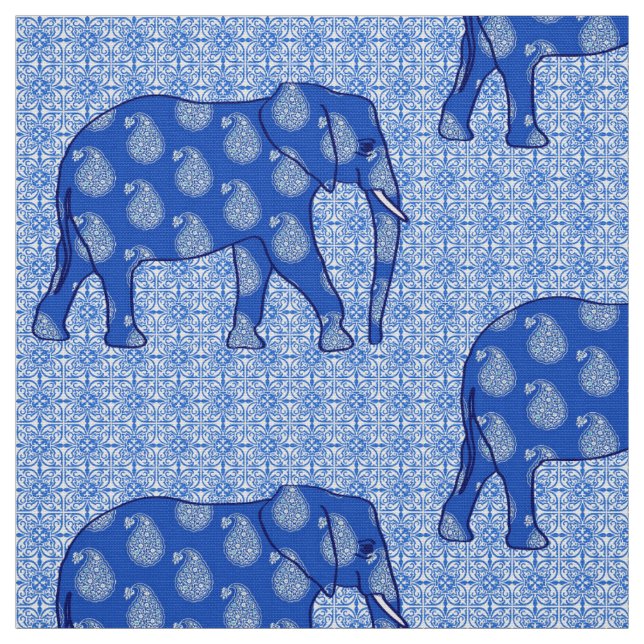Paisley elefant - koboltblått och vit tyg (Provkarta)