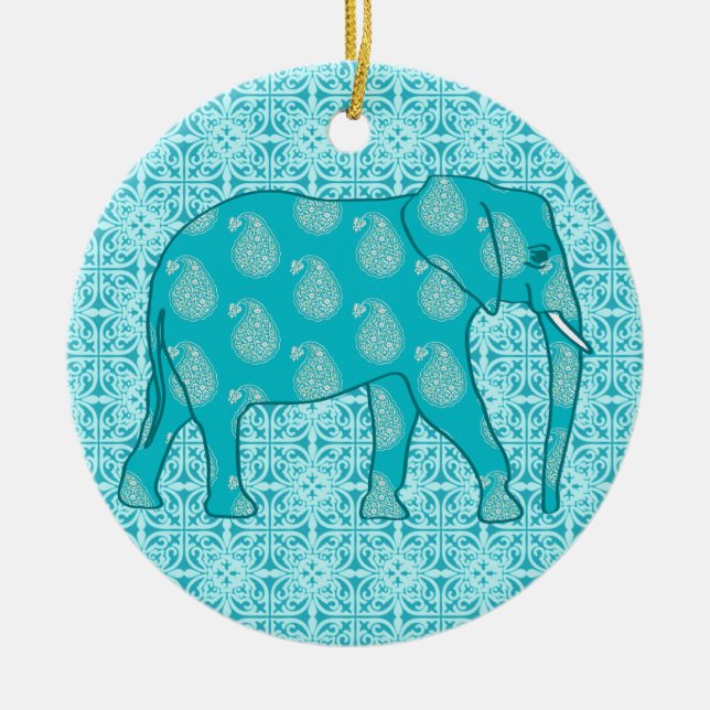 Paisley elefant - turkos och aqua julgransprydnad keramik (Framsidan)