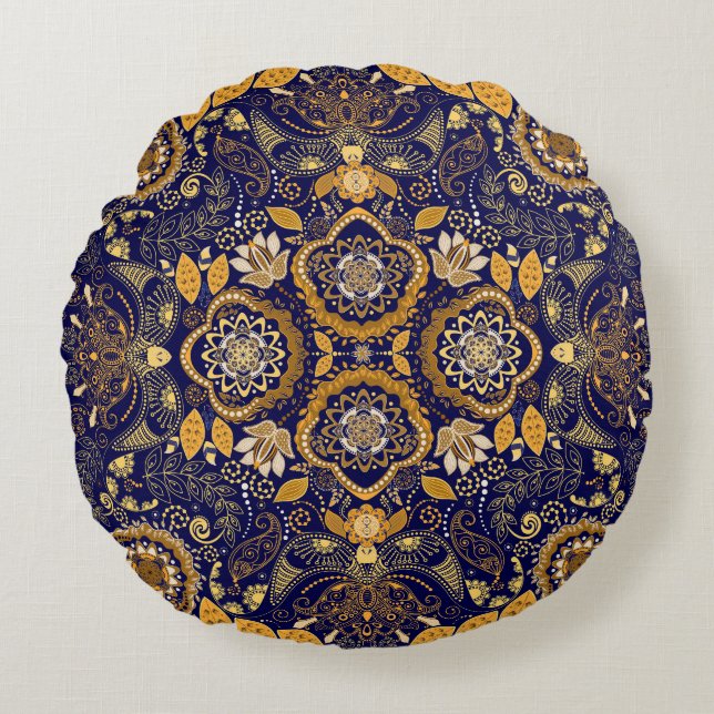 Paisley Elegance: Textildesign Mönster Rund Kudde (Framsidan)