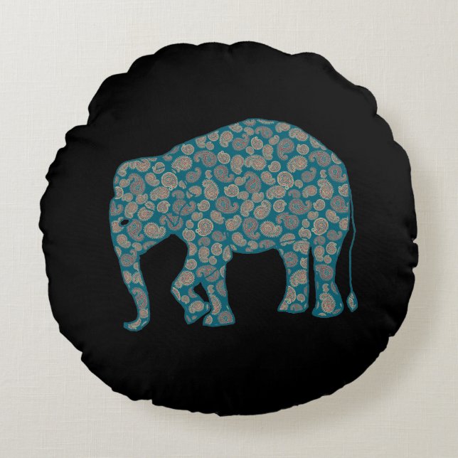 Paisley Elephant Anpassningsbar Black Round Pillow Rund Kudde (Framsidan)