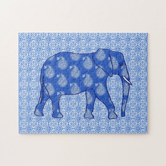 Paisley elephant, Cobalt Blue och White Pussel (Horisontell)