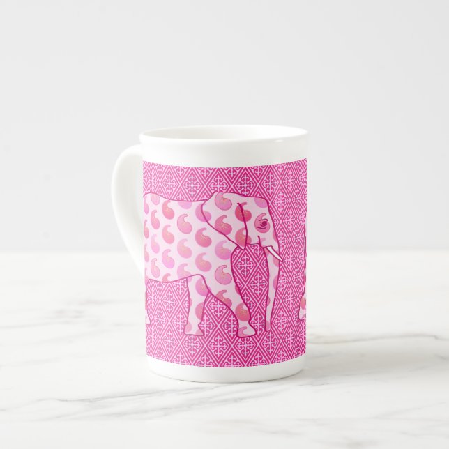 Paisley elephant - isens rosa och fuchsia benporslin mugg (Framsida vänster)