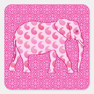 Paisley elephant - isens rosa och fuchsia fyrkantigt klistermärke