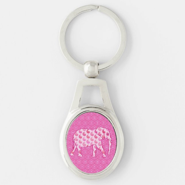 Paisley elephant - isens rosa och fuchsia ovalt silverfärgad nyckelring (Framsidan)