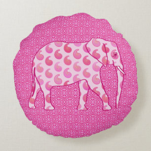 Paisley elephant - isens rosa och fuchsia rund kudde