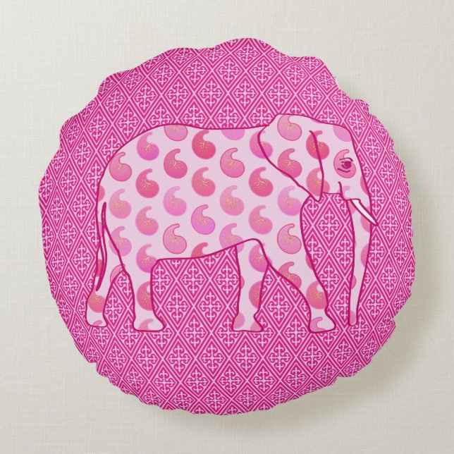 Paisley elephant - isens rosa och fuchsia rund kudde (Baksidan)
