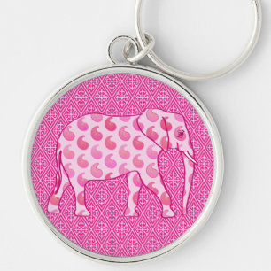 Paisley elephant - isens rosa och fuchsia rund silverfärgad nyckelring