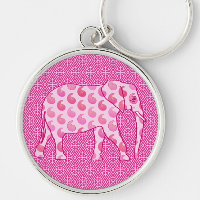 Paisley elephant - isens rosa och fuchsia rund silverfärgad nyckelring (Framsidan)