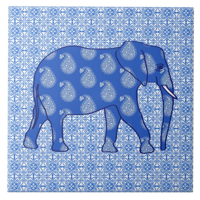 Paisley elephant - koboltblått och vitt kakelplatta (Framsidan)