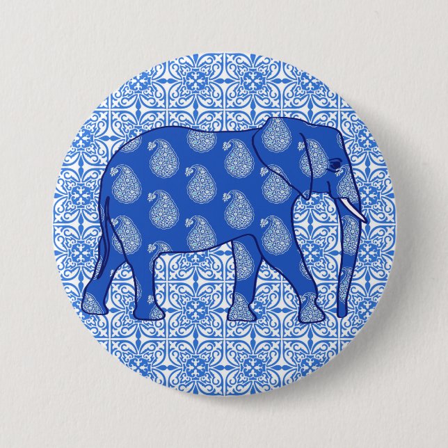 Paisley elephant - koboltblått och vitt knapp (Framsida)