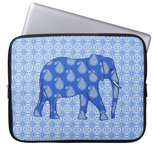 Paisley elephant - koboltblått och vitt laptop sleeve (Framsidan)