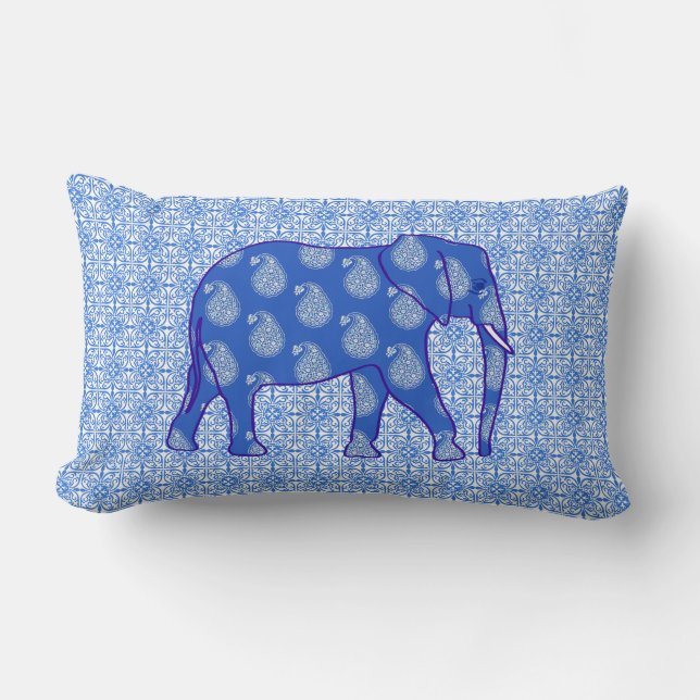 Paisley elephant - koboltblått och vitt lumbarkudde (Framsida)