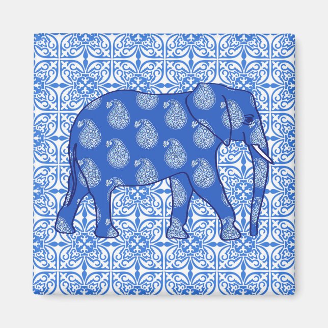 Paisley elephant - koboltblått och vitt magnet (Framsidan)