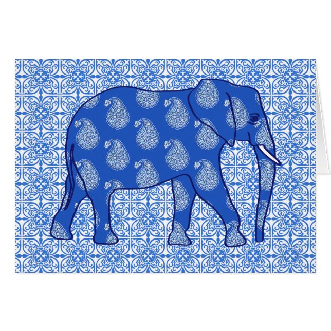 Paisley elephant - koboltblått och vitt OBS kort (Framsidan Horizontal)