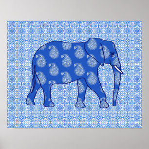 Paisley elephant - koboltblått och vitt poster