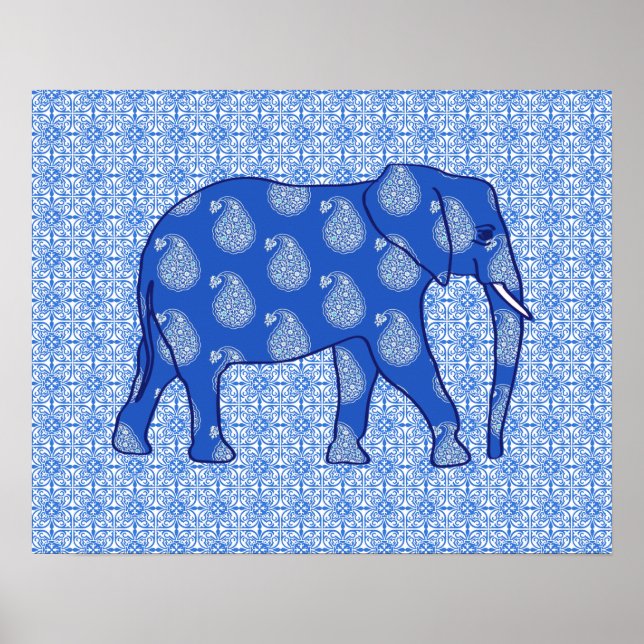 Paisley elephant - koboltblått och vitt poster (Framsidan)