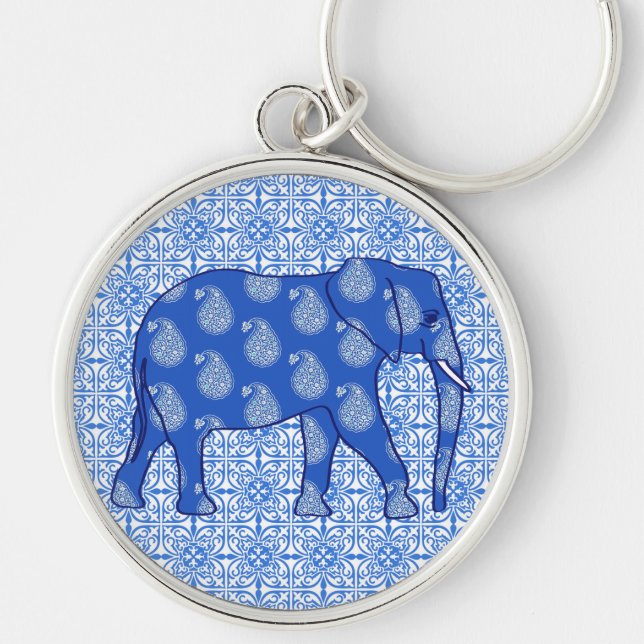 Paisley elephant - koboltblått och vitt rund silverfärgad nyckelring (Framsidan)
